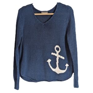 Wooden Ships Navy Blue Anchor Natuical Relax Fit Knitted Rolled Hem Sweatshirt